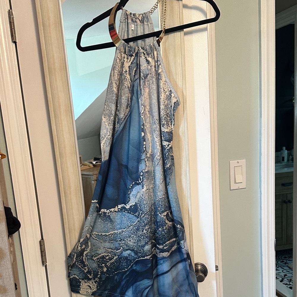 Elegant Blue Marble Halter Dress